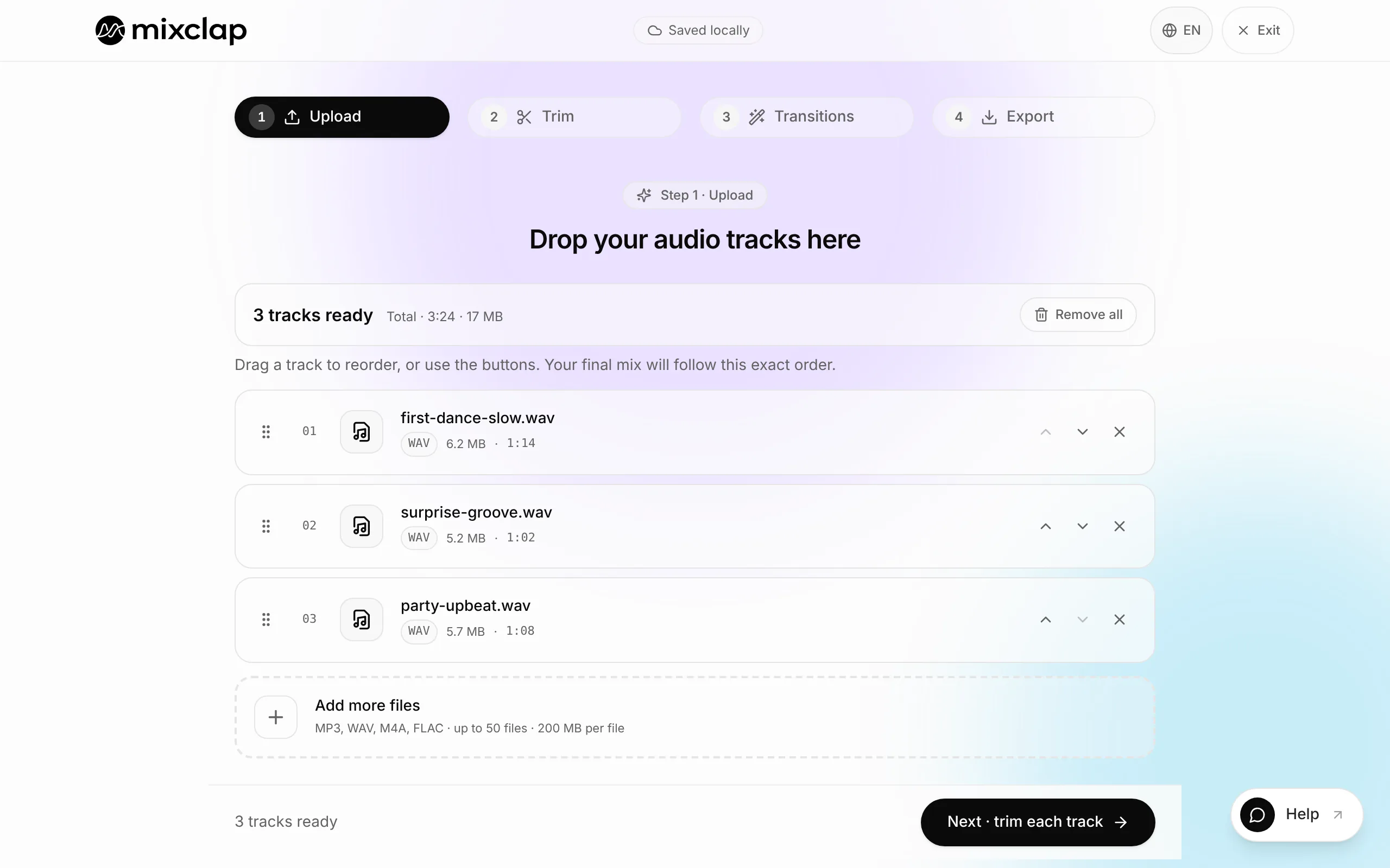 MixClap arrange screen: imported songs stacked in order with their length and detected BPM.