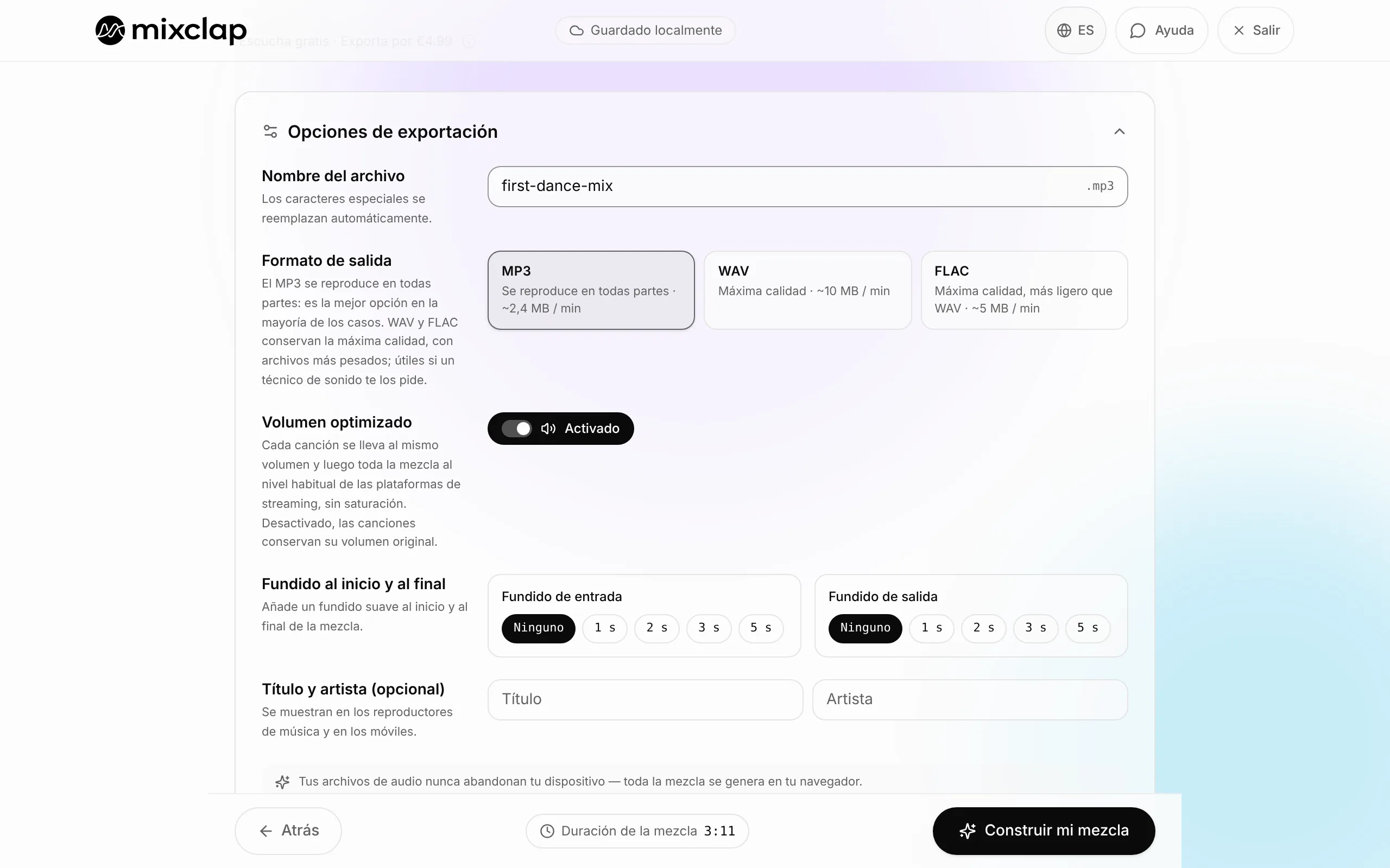 Opciones de exportación de MixClap: nombre del archivo, formato MP3, WAV o FLAC, volumen optimizado, fundidos y metadatos