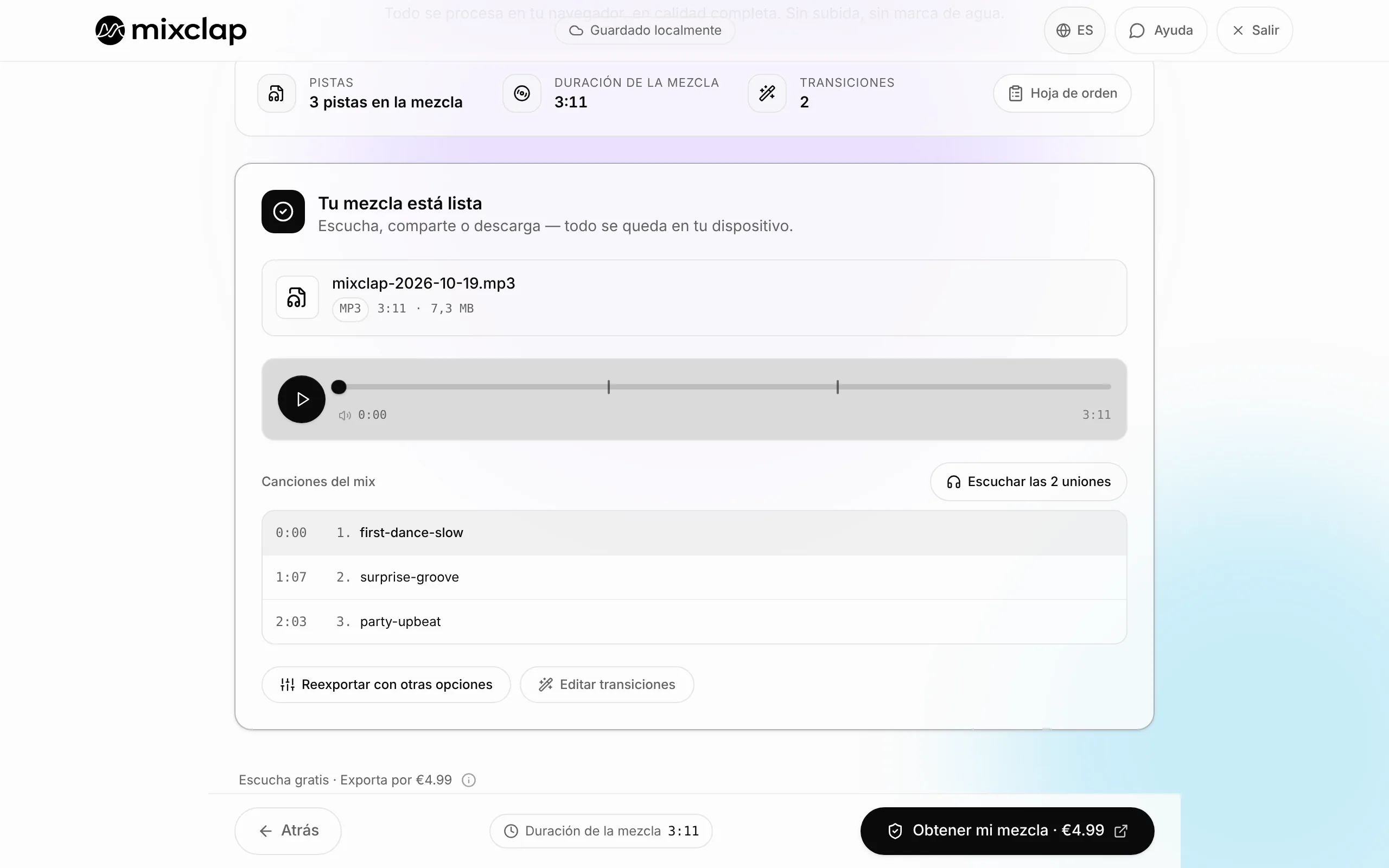 Mezcla terminada en MixClap: reproductor, canciones con su hora de inicio y botón para obtener la mezcla