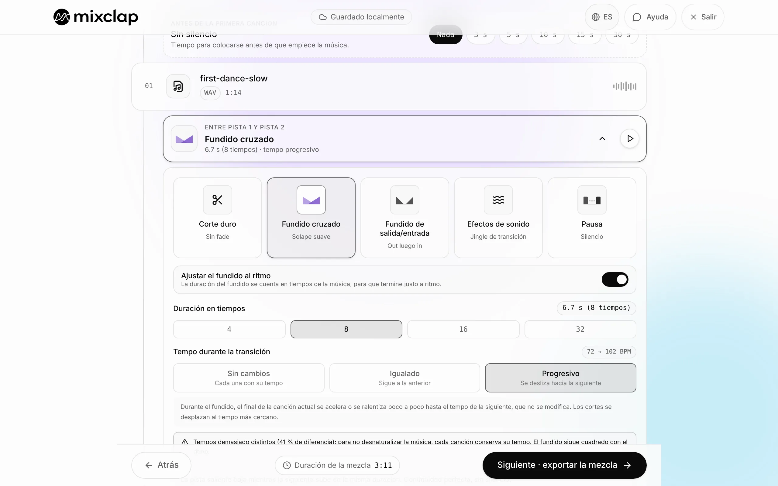 Ajuste de una transición en MixClap: corte, fundido cruzado, fundido, efecto de sonido o pausa