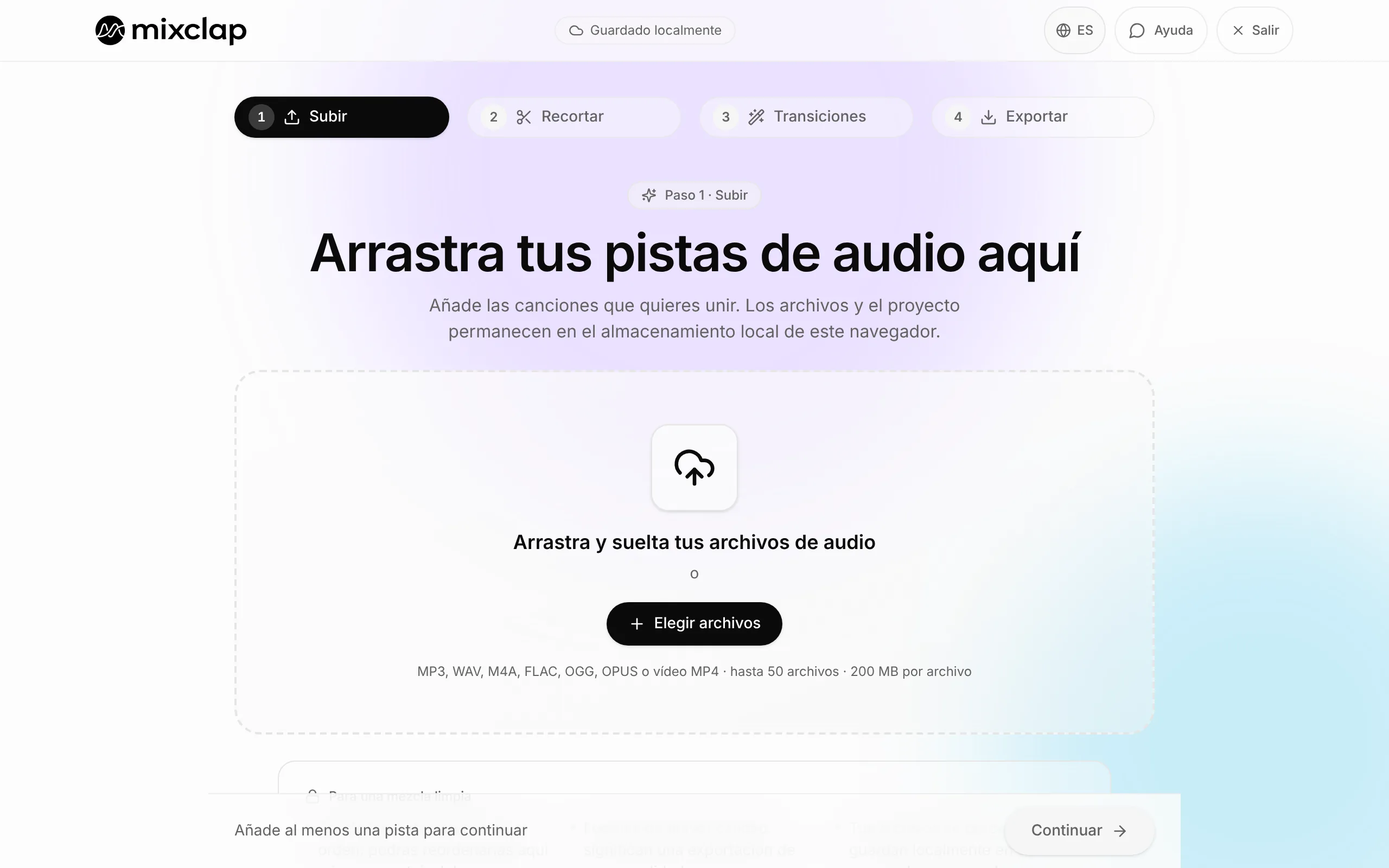 Pantalla de importación de MixClap con la zona para soltar archivos y el botón para elegirlos