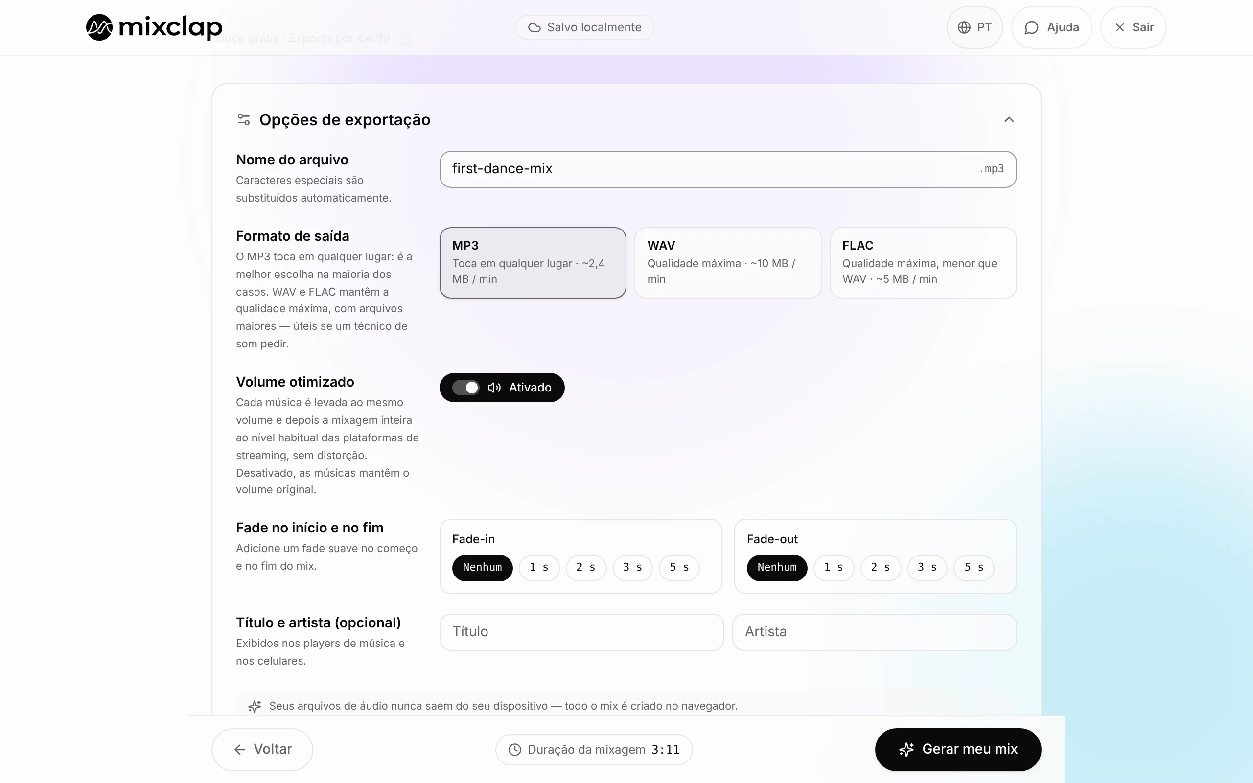Opções de exportação da MixClap: nome do arquivo, formato MP3, WAV ou FLAC, volume otimizado, fades e metadados