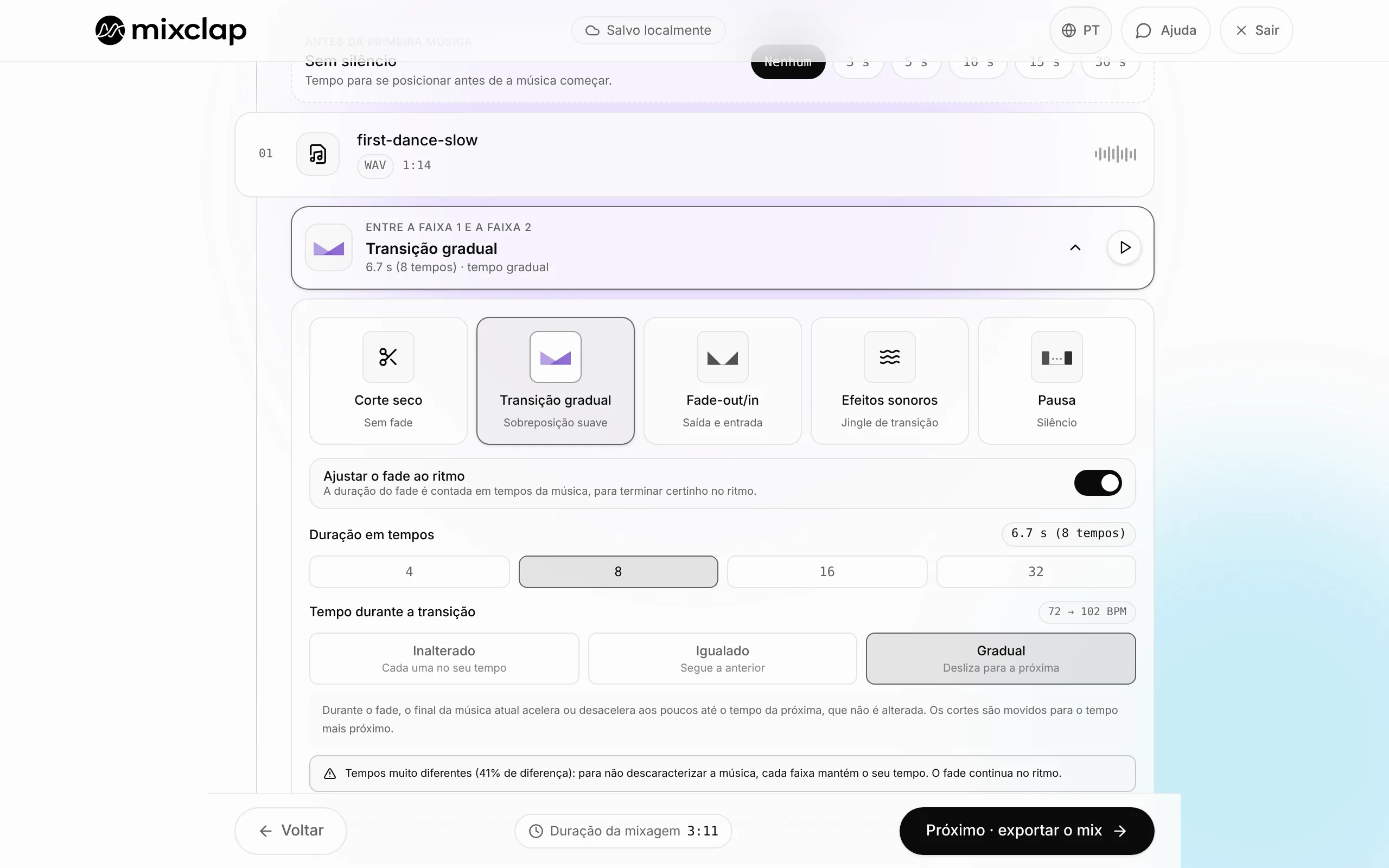 Ajuste de uma transição na MixClap: corte seco, transição gradual, fade, efeito sonoro ou pausa