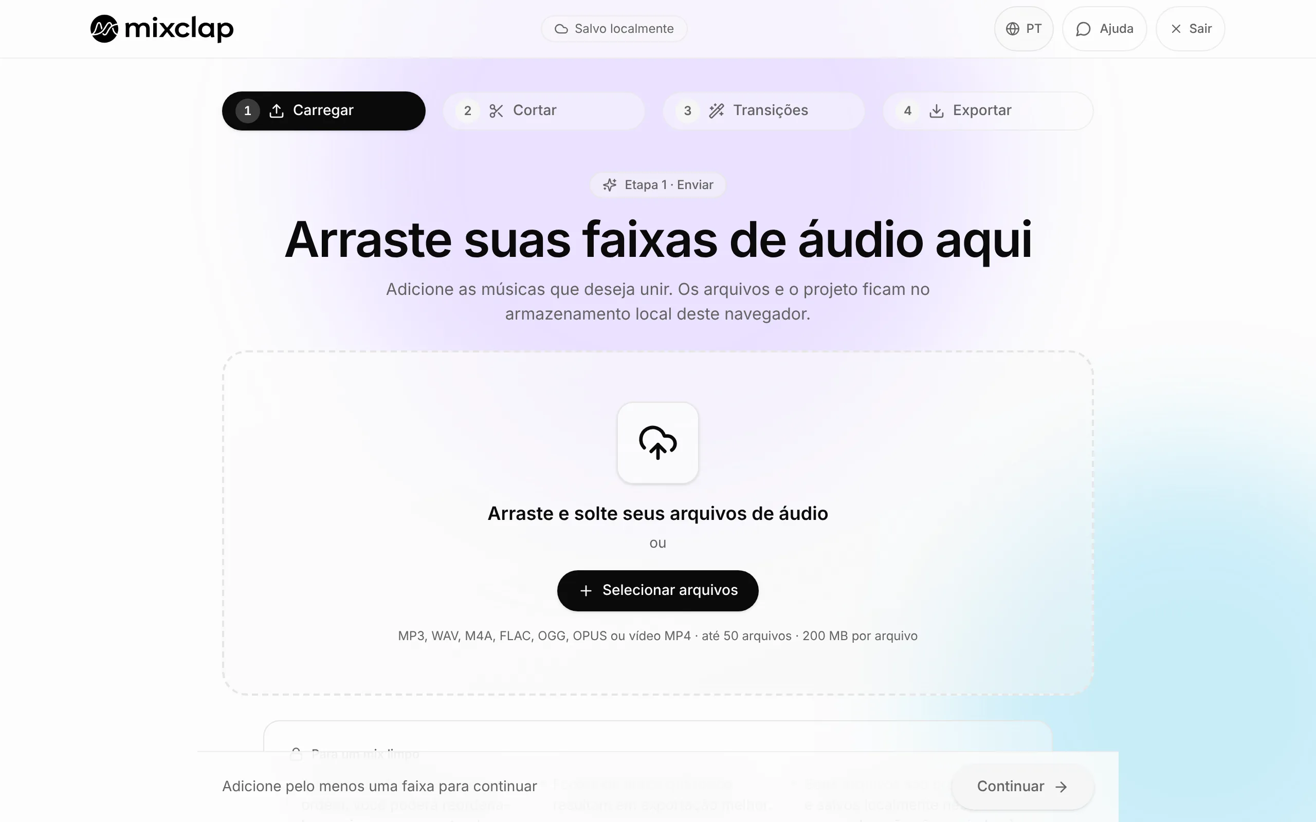 Tela de importação da MixClap com a área para soltar arquivos e o botão para selecioná-los