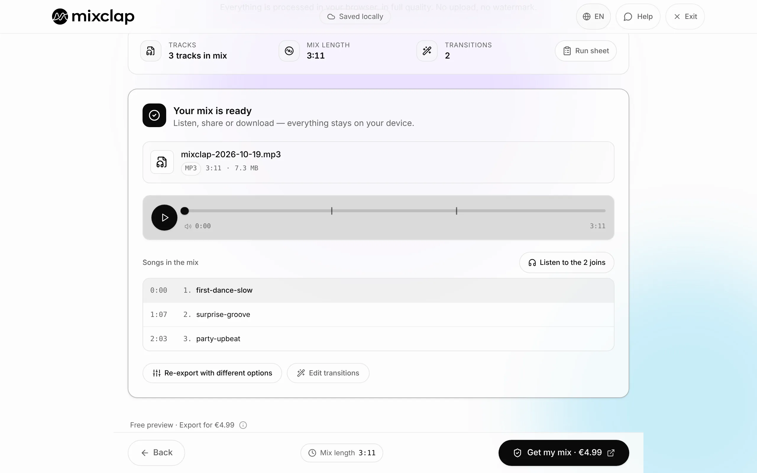 Finished mix in MixClap: audio player, songs with their start times and the button to get the mix