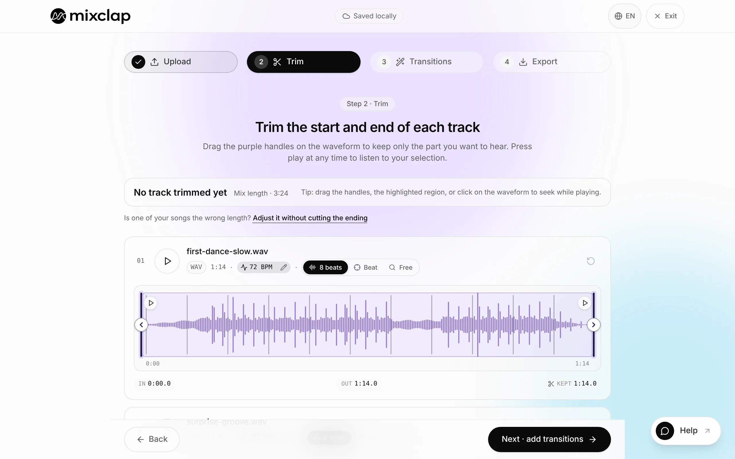 MixClap trim screen: selecting the part of a song to keep on the waveform.
