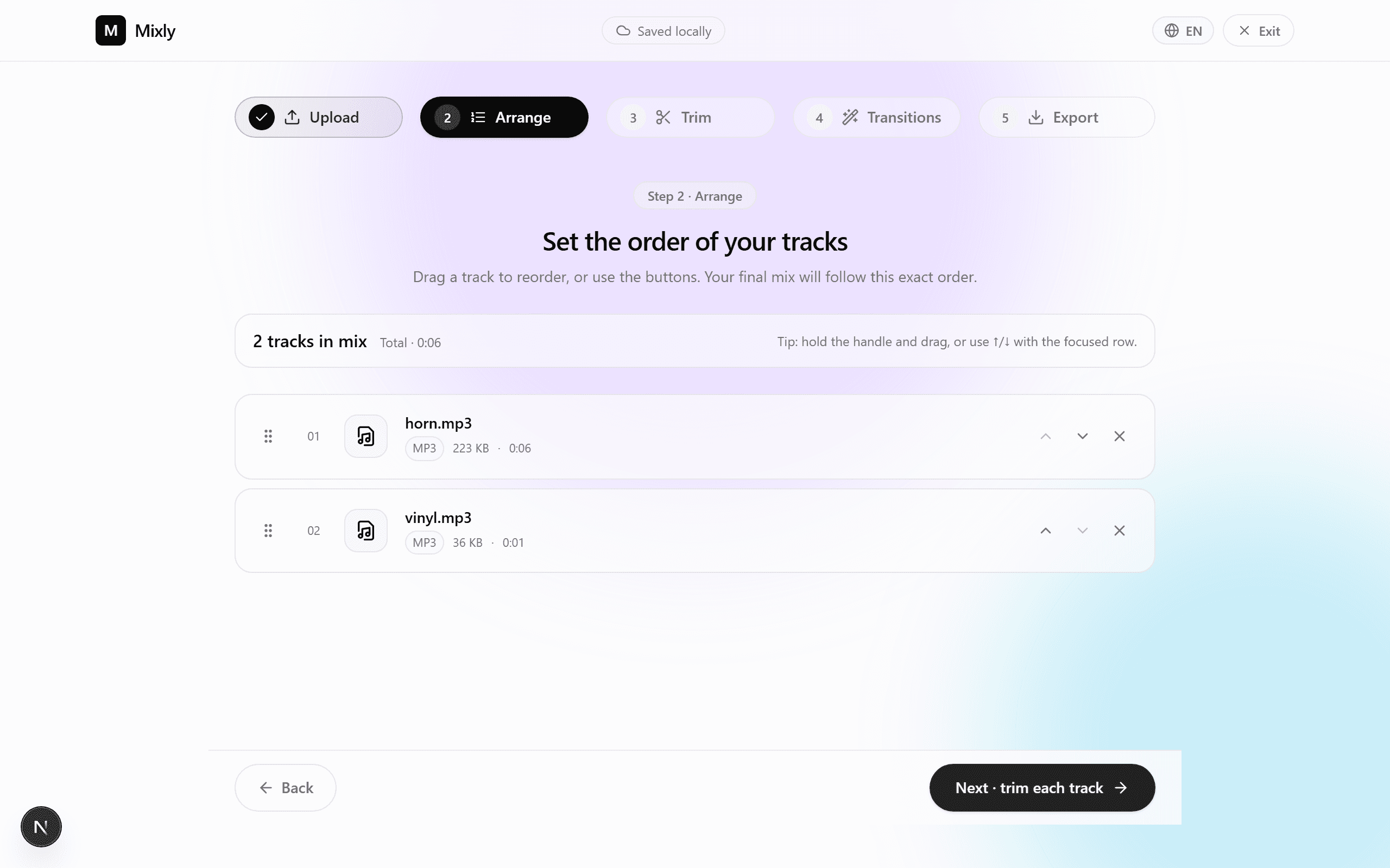 Vue d'arrangement avec alignement des downbeats entre le slow et l'upbeat