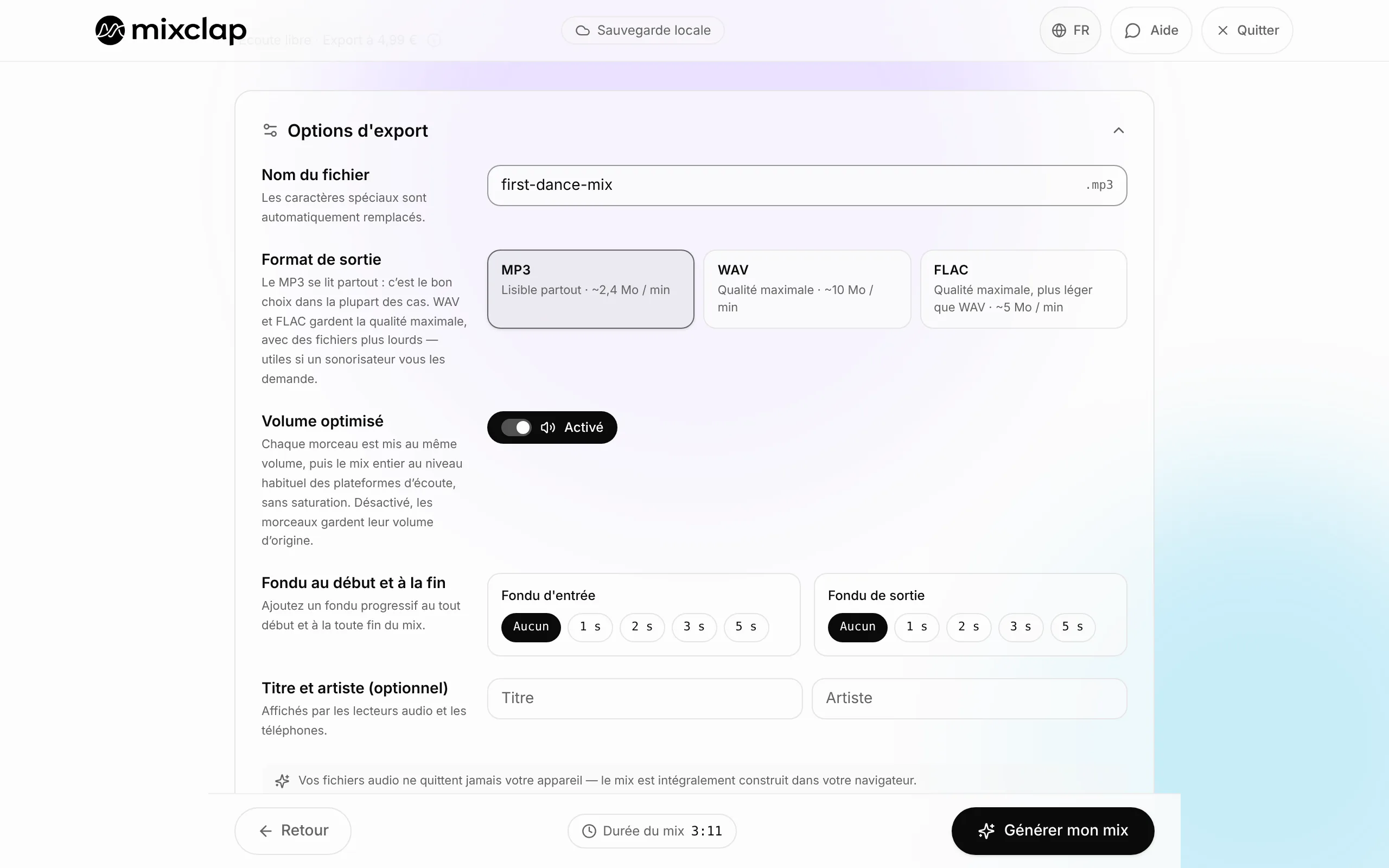 Options d’export de MixClap : nom du fichier, format MP3, WAV ou FLAC, volume optimisé, fondus et métadonnées