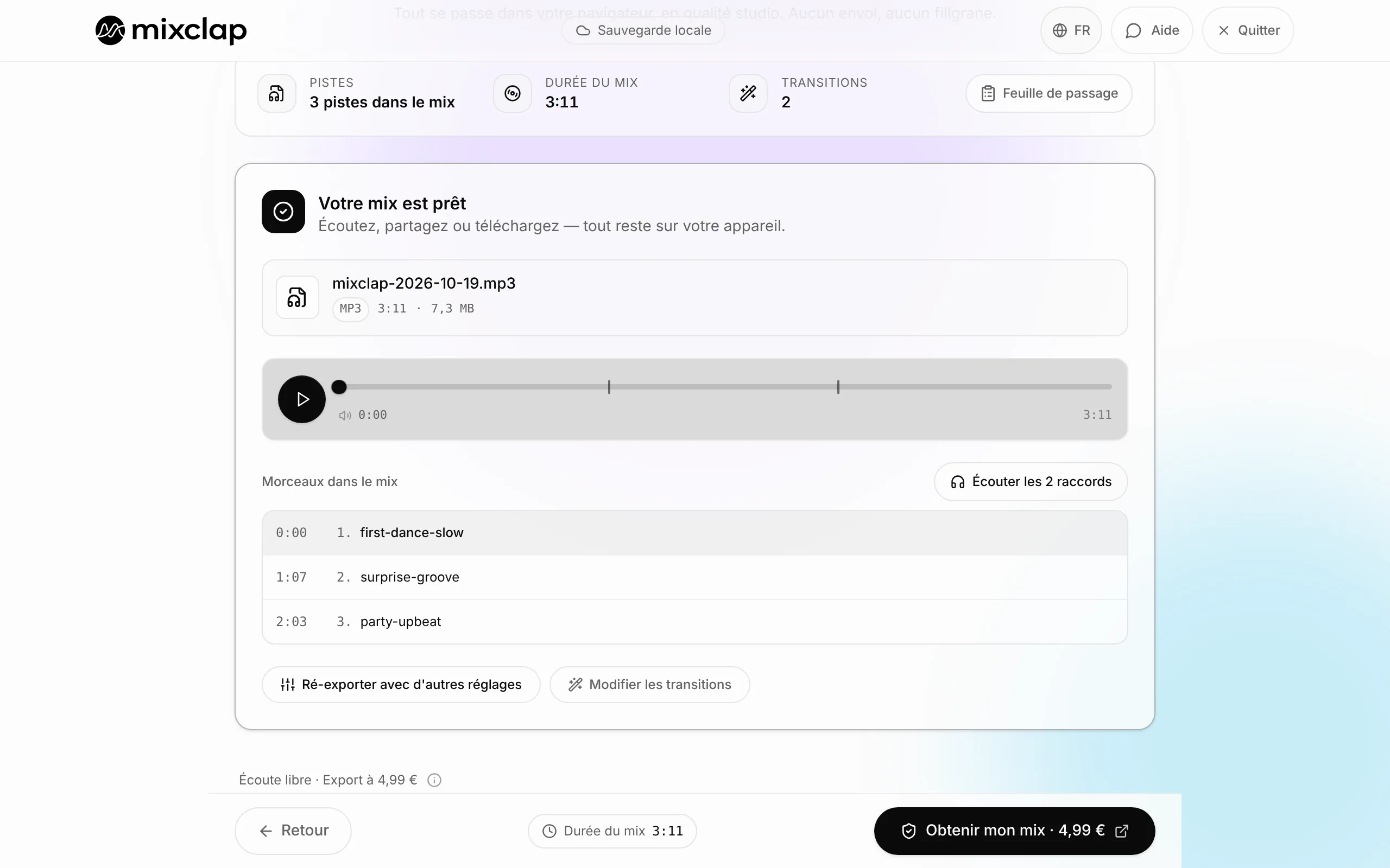 Mix terminé dans MixClap : lecteur audio, liste des morceaux avec leur heure de départ et bouton pour obtenir le mix