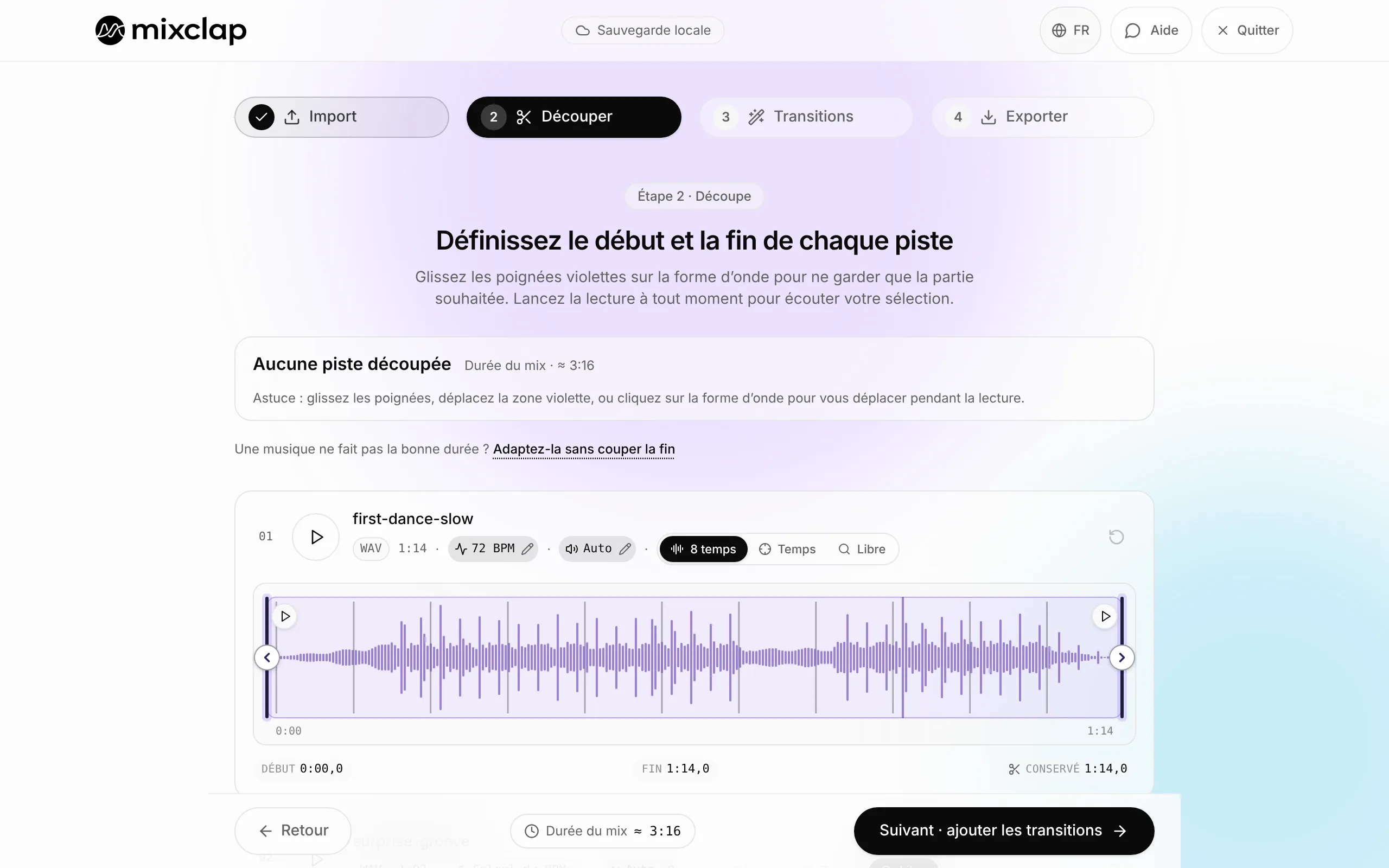 Écran de découpe de MixClap : forme d’onde d’un morceau avec poignées violettes de début et de fin, et tempo détecté