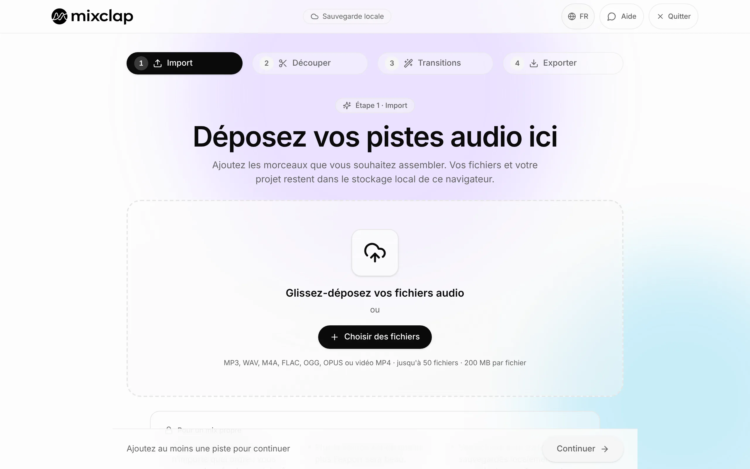 Écran d’import de MixClap avec la zone de dépôt et le bouton pour choisir des fichiers